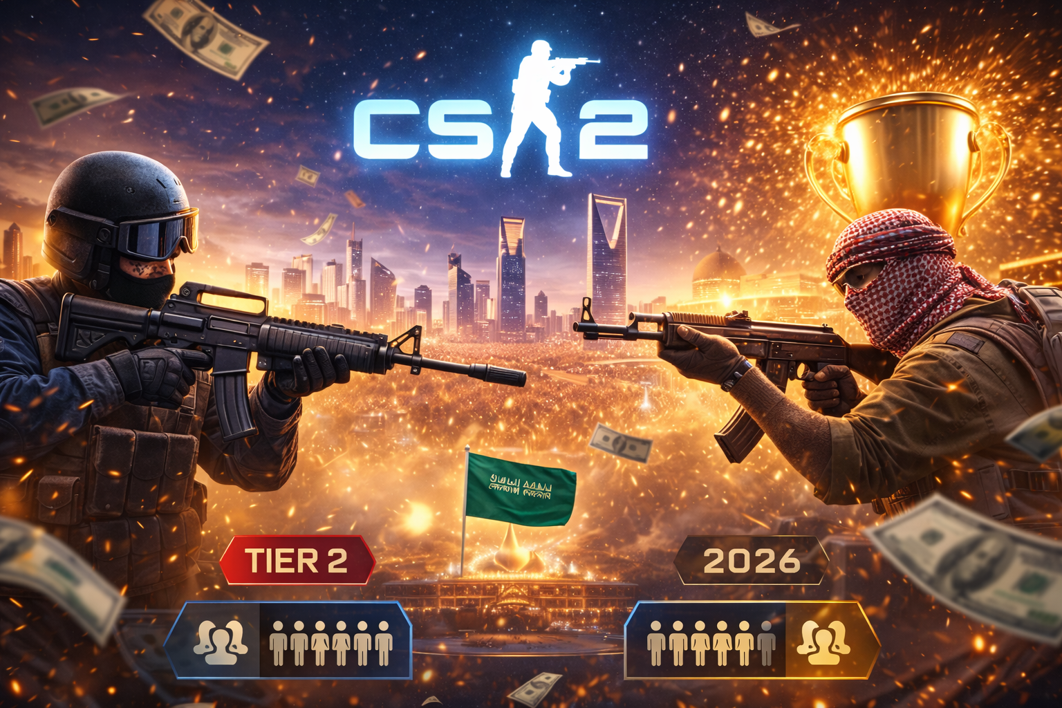 Duelo de CS2 con estética de torneo en Riad, representando la Esports Nations Cup 2026 y su formato por selecciones