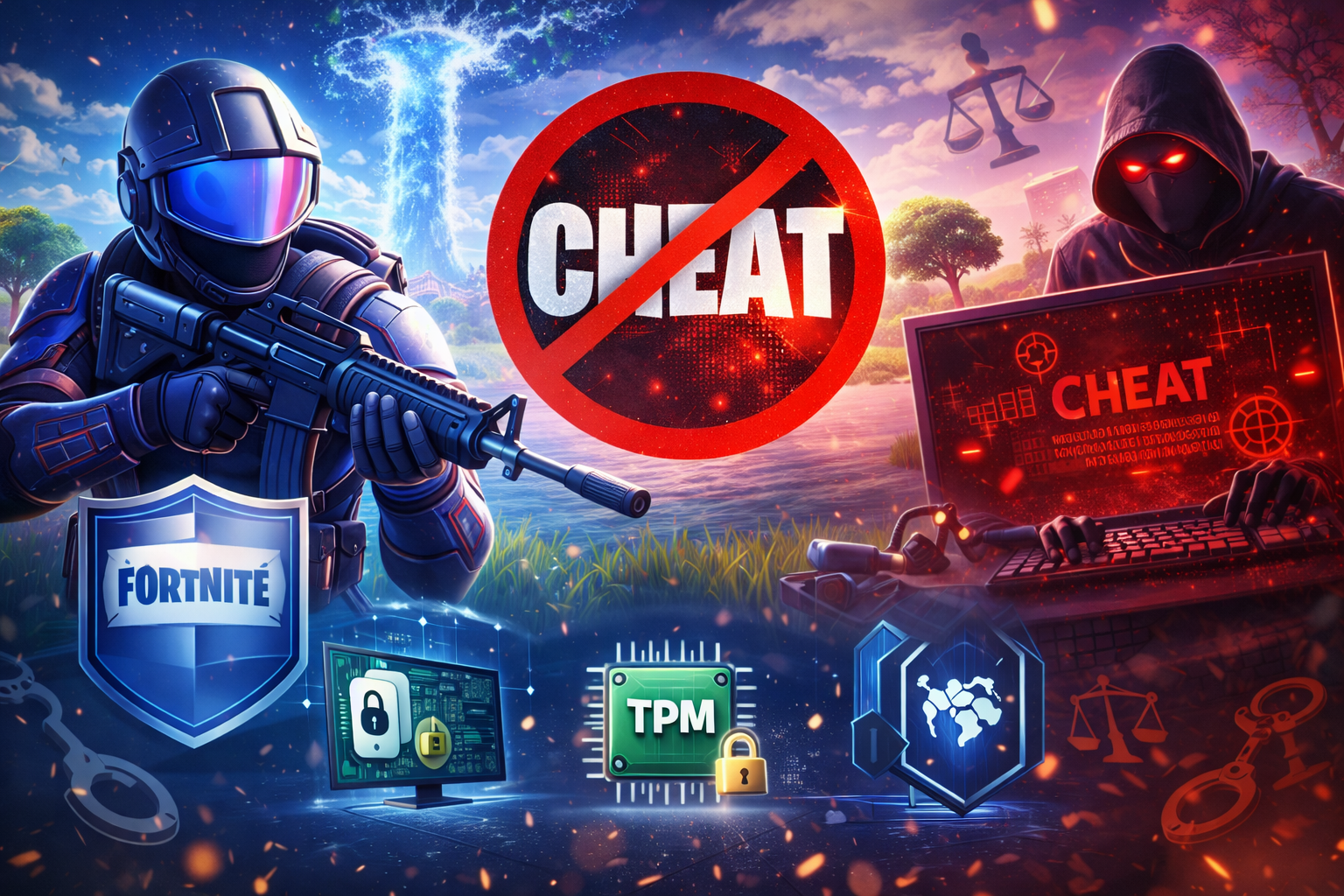 Ilustración de Fortnite con foco en seguridad anti-cheat para torneos en PC, con símbolos de Secure Boot y TPM