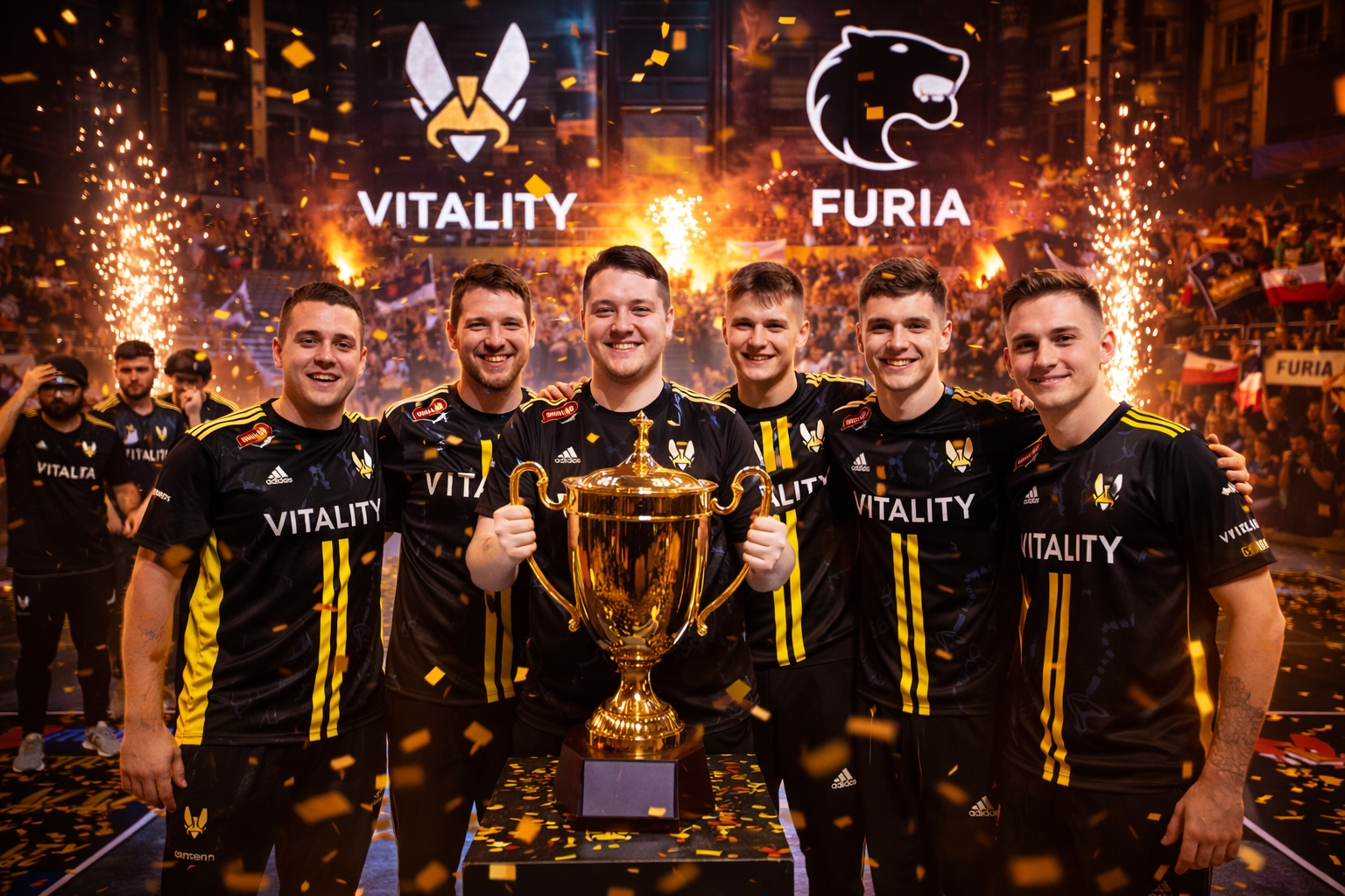 Team Vitality celebrando con el trofeo tras vencer a FURIA en la final de IEM Krakow 2026