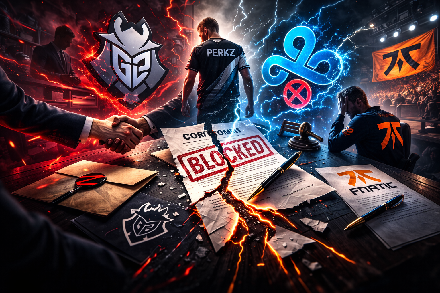 Imagen conceptual de la polémica por la cláusula de Perkz, con símbolos de G2, Cloud9 y Fnatic y un contrato marcado como bloqueado