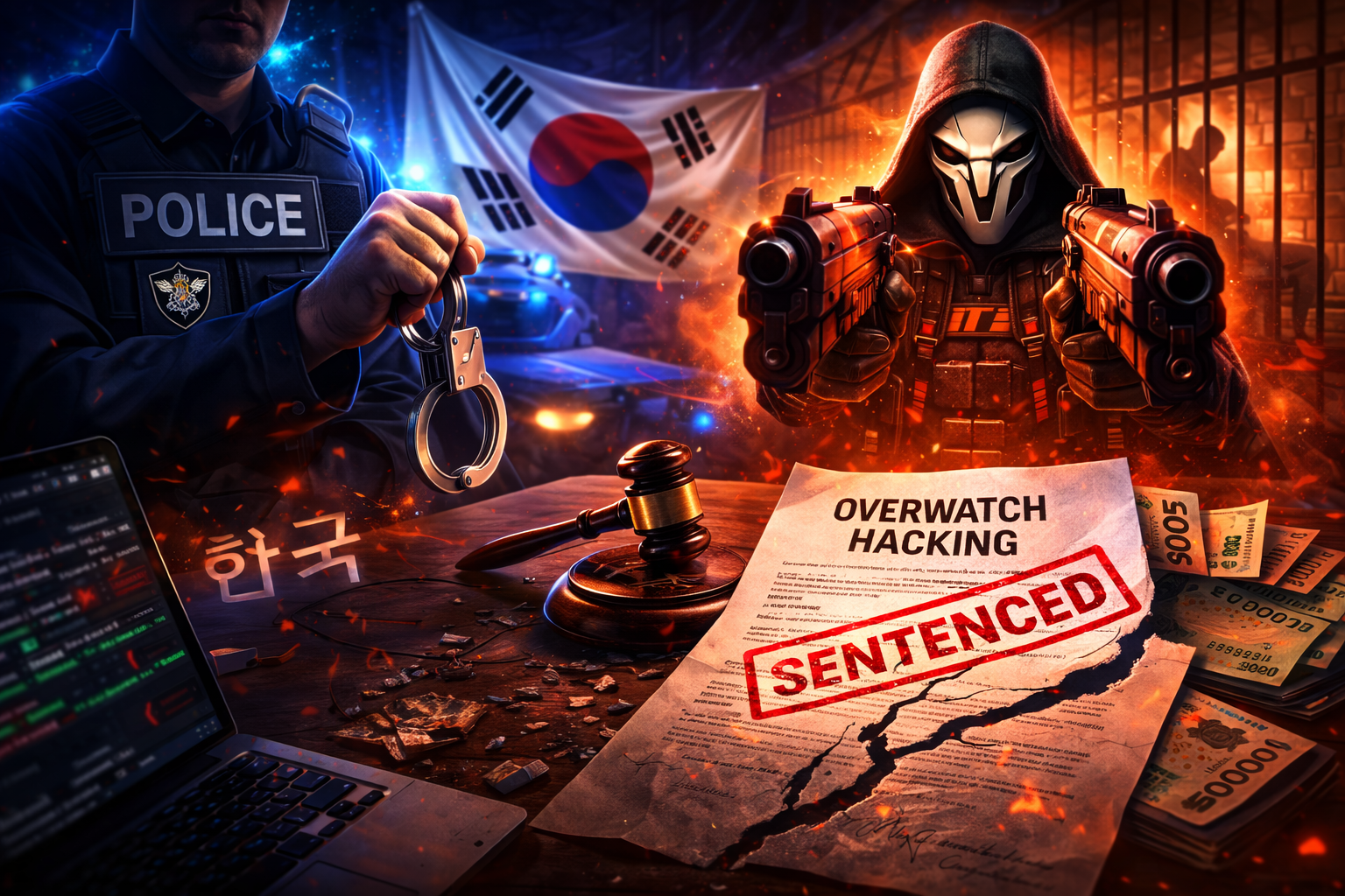 Ilustración sobre la condena a un hacker de Overwatch en Corea del Sur, con símbolos policiales y judiciales en un ambiente de esports