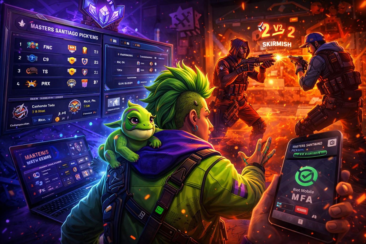 Arte de VALORANT con Gekko y un duelo 2v2, representando el parche 12.03 con Pick’ems de Masters Santiago y el modo Skirmish