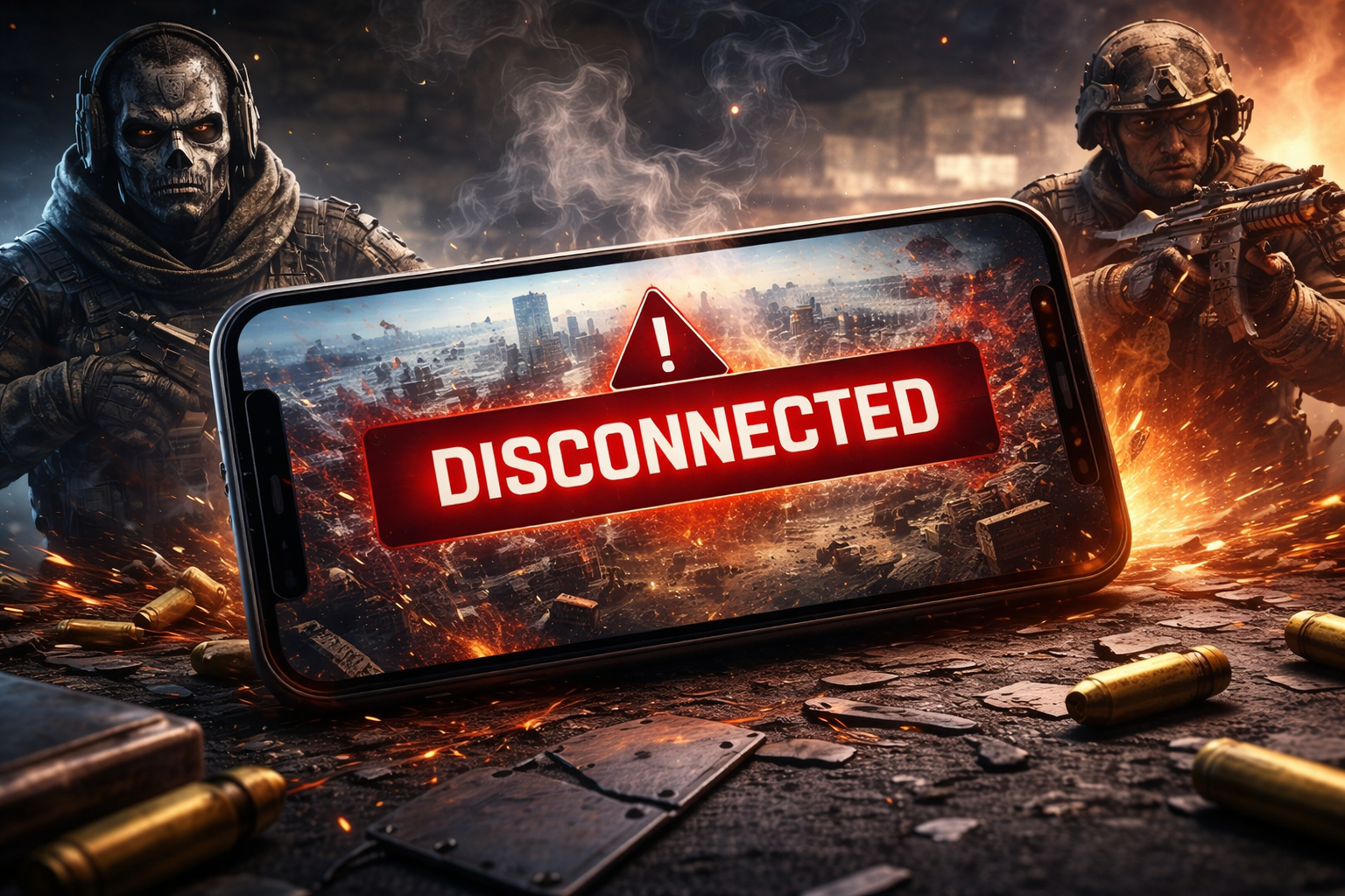 Teléfono mostrando Warzone Mobile con mensaje de desconexión, representando el cierre de servidores el 17 de abril de 2026