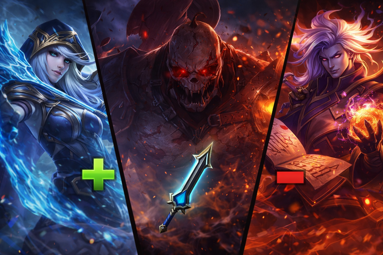 Ilustración de League of Legends con Ashe, Sion y Hwei, representando buffs, nerfs y cambios a Infinity Edge en el parche 26.4