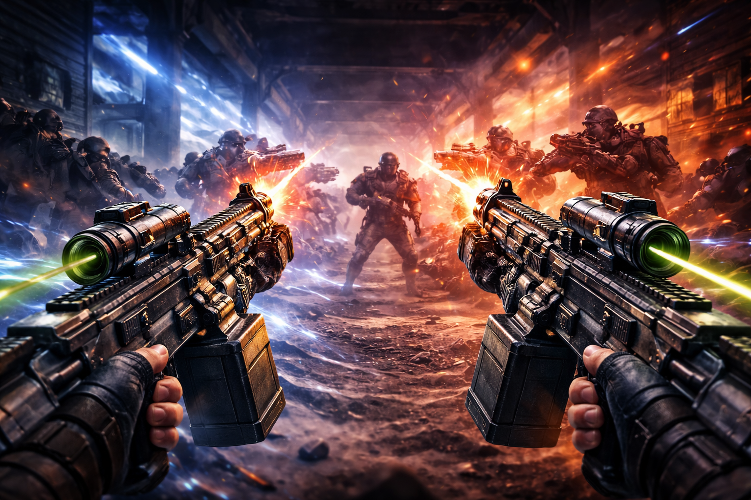 Vista en primera persona usando doble XM325 Akimbo en Black Ops 7, con láseres y munición belt-fed para dominar a corta y media distancia