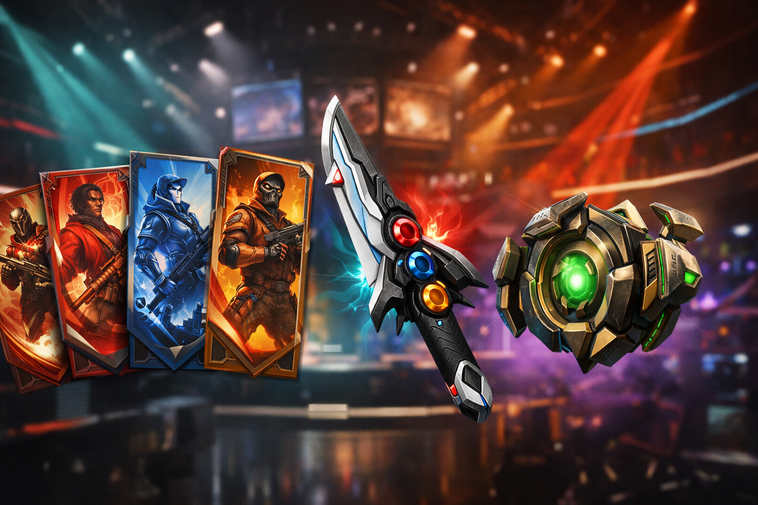 Cápsula VCT 2026 de VALORANT con melee, cartas y flex en escenario esports