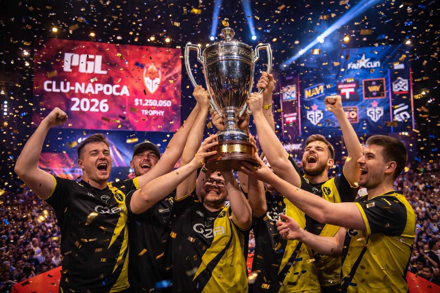 Equipo celebrando en escenario LAN con trofeo y confeti en PGL Cluj-Napoca 2026
