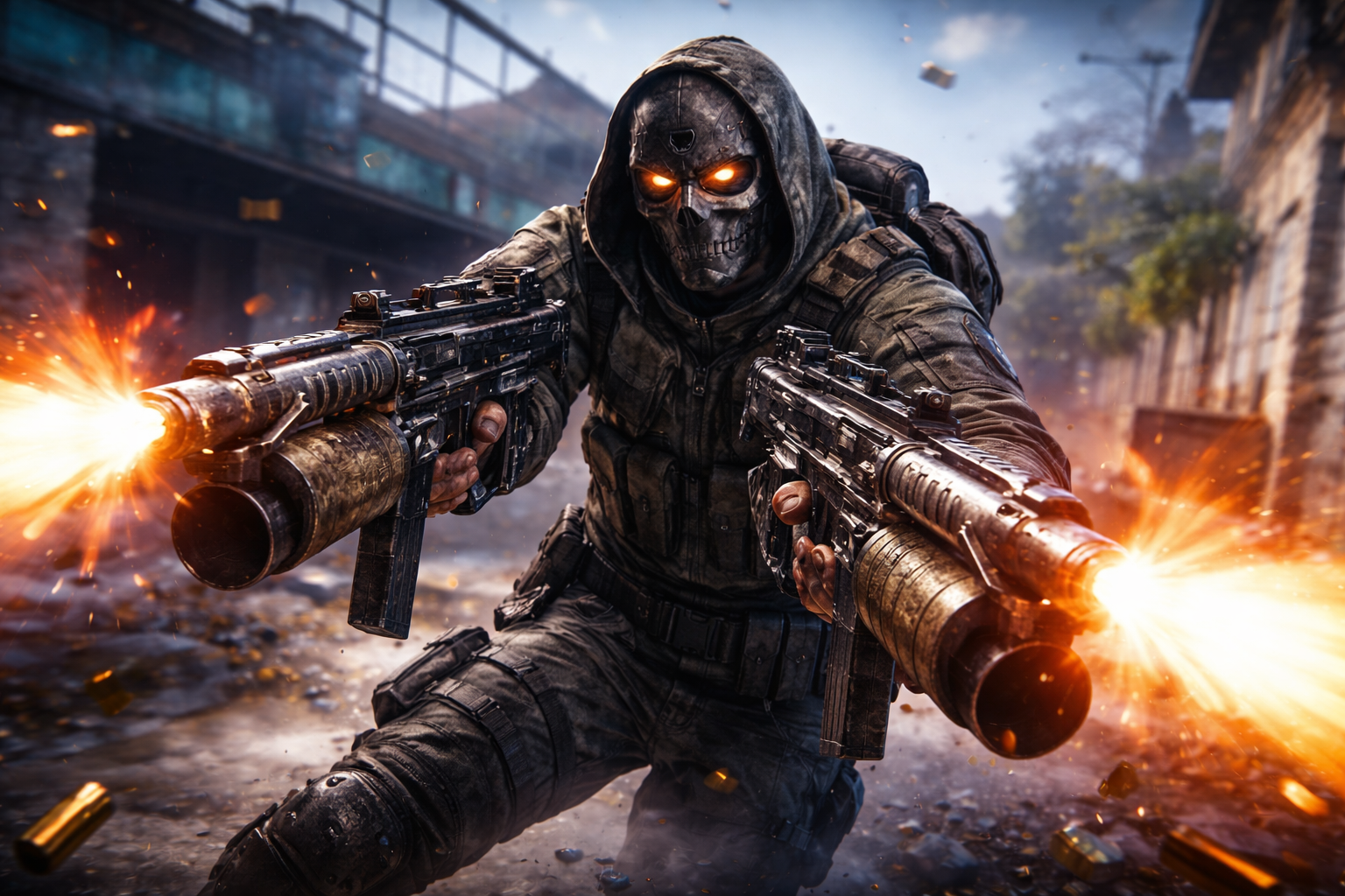 Operador en Warzone usando dos XM325 Akimbo disparando a quemarropa en combate intenso