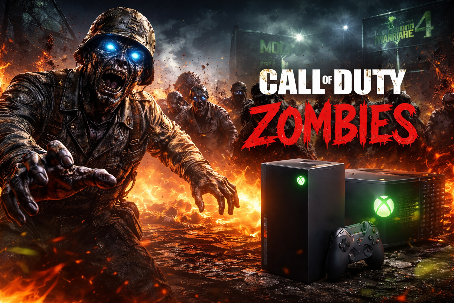 Escena de CoD Zombies con estética oscura y una consola Xbox al fondo, insinuando un posible lanzamiento standalone