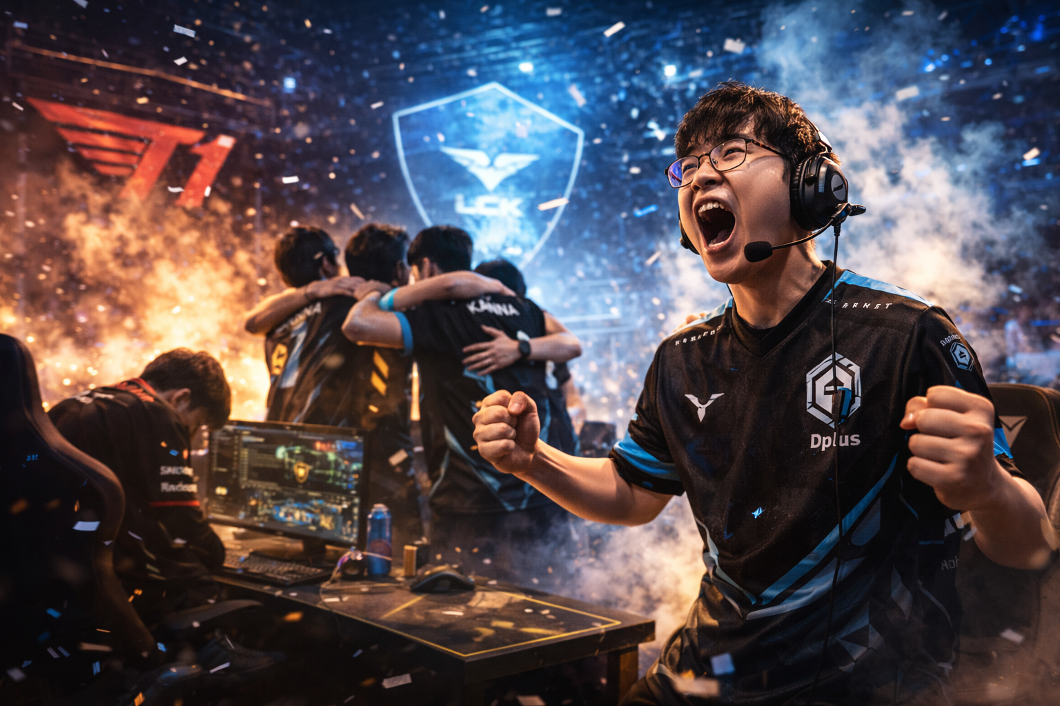 Dplus KIA celebrando el reverse sweep ante T1 en la LCK Cup 2026 con confeti y luces de escenario