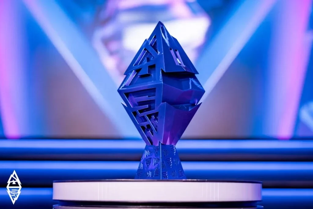 Dota 2 BLAST Slam trophy on display