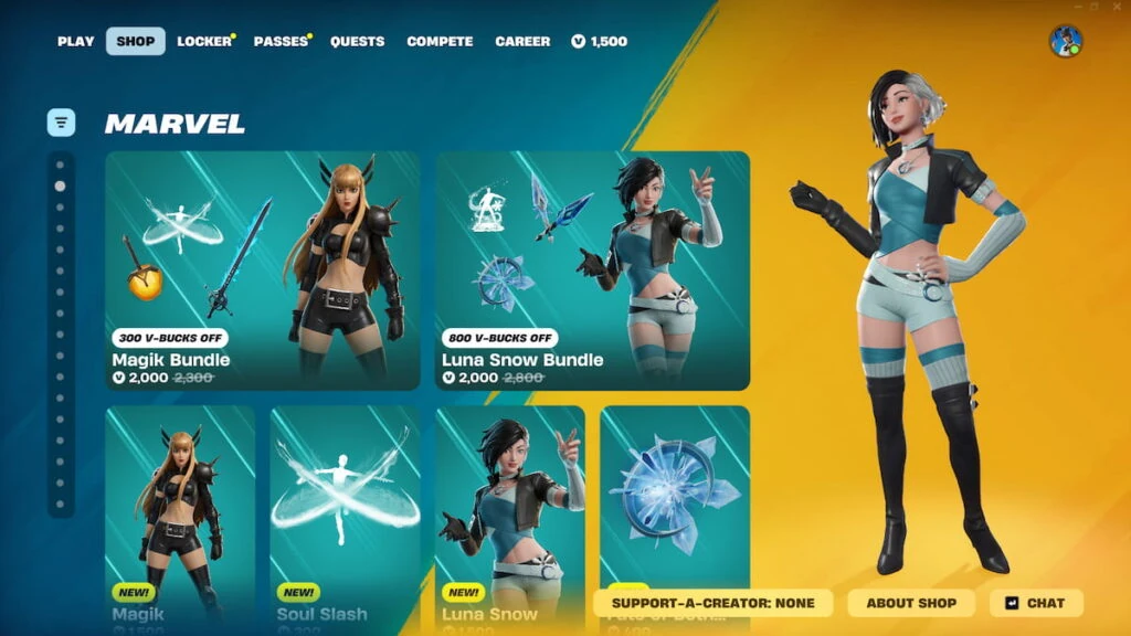 Imagen mostrando a Luna Snow y Magik en la tienda de objetos de Fortnite.