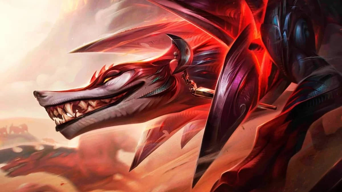 An image of Naafiri's classic Splash Art from League of Legends, that features the dog with glowing red flesh.