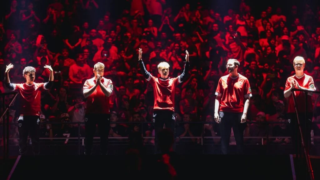 MOUZ CS2 players getting introduced on stage at the BLAST Austin Major 2025.