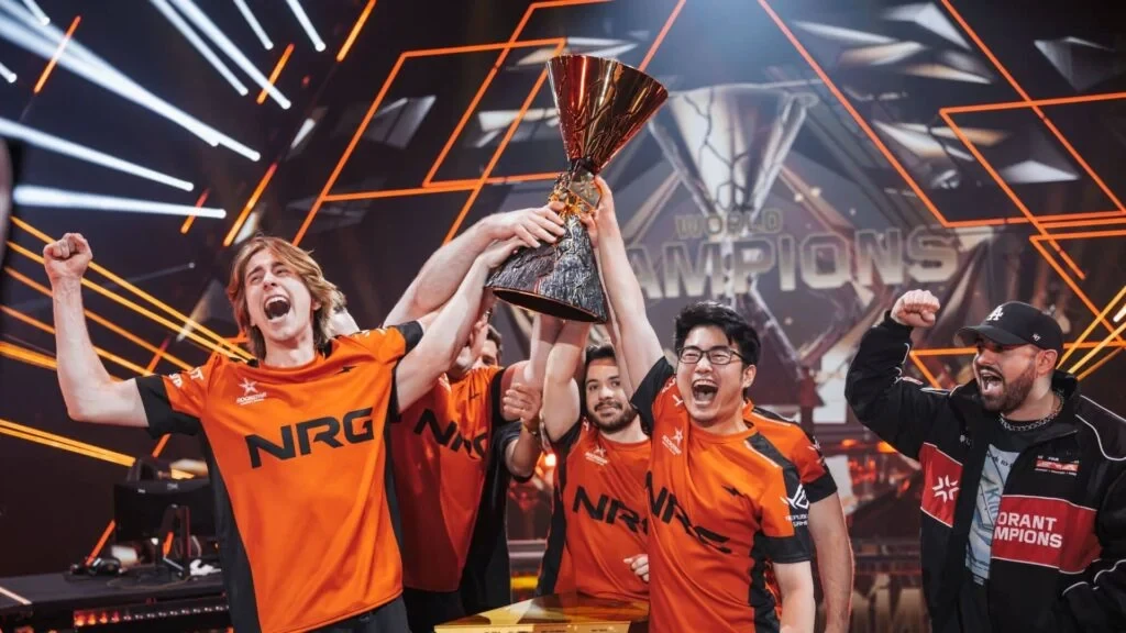NRG lifting the VALORANT Champions Paris trophy on Oct. 5