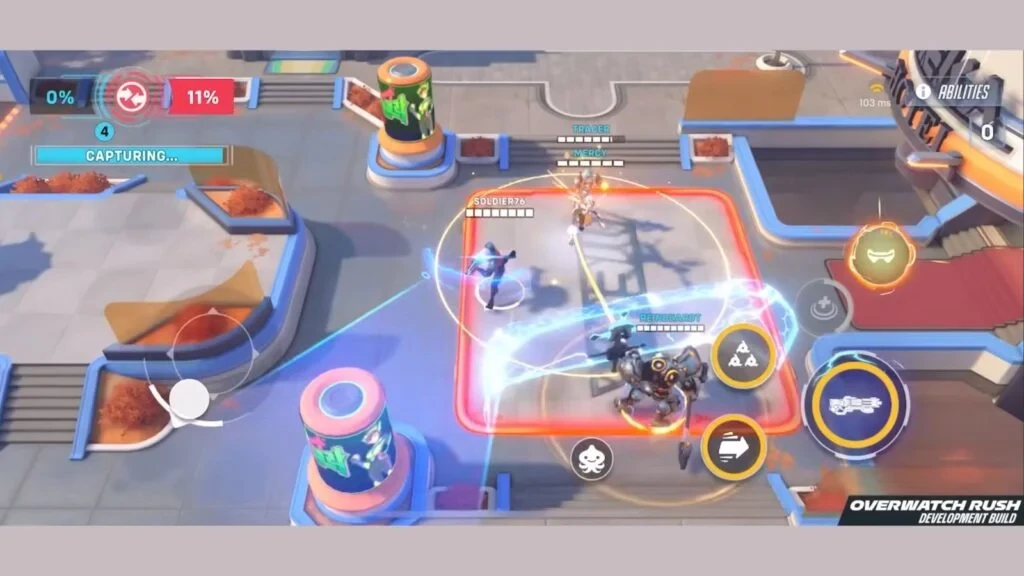 Vista previa temprana del gameplay de Overwatch Rush mostrando héroes peleando por capturar una zona