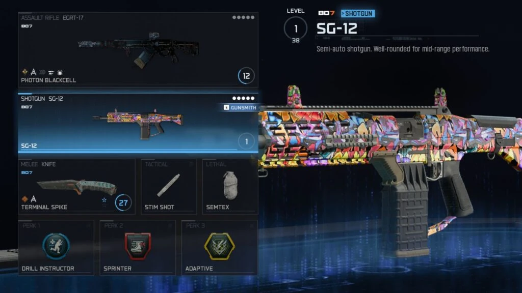 Mejor configuración de clase de SG-12 en Warzone, mostrando el arma principal más efectiva, equipamiento y perks