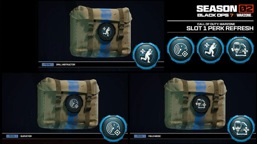 New Slot 1 Perks in Warzone Season 2, including Field Medic, Drill Instructor, and Surveyor