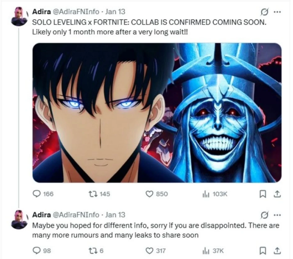 Imagen que muestra una filtración de AdiraFNInfo sobre Solo Leveling.