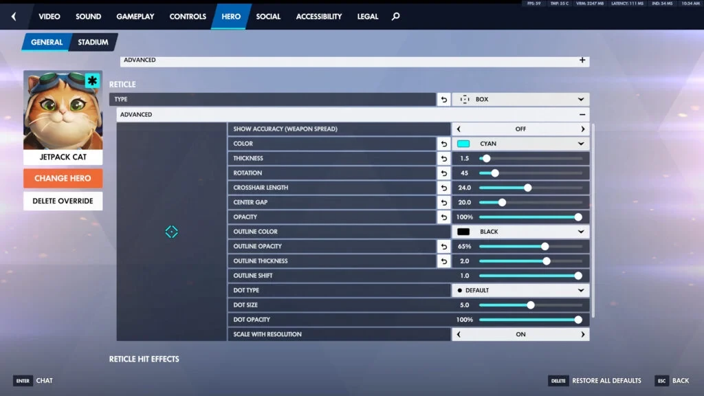 Jetpack Cat crosshair settings in Overwatch