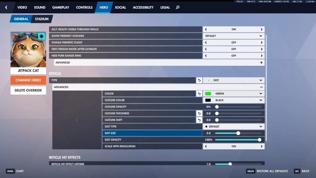 dot crosshair settings for Jetpack Cat in Overwatch