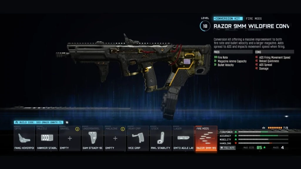 Mejores accesorios para la loadout de Razor 9mm en Black Ops 7, con el kit Razor 9mm Wildfire Conversion