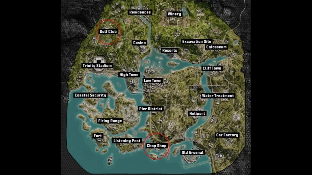 POI de Golf Club y Chop Shop en Avalon dentro de Black Ops Royale