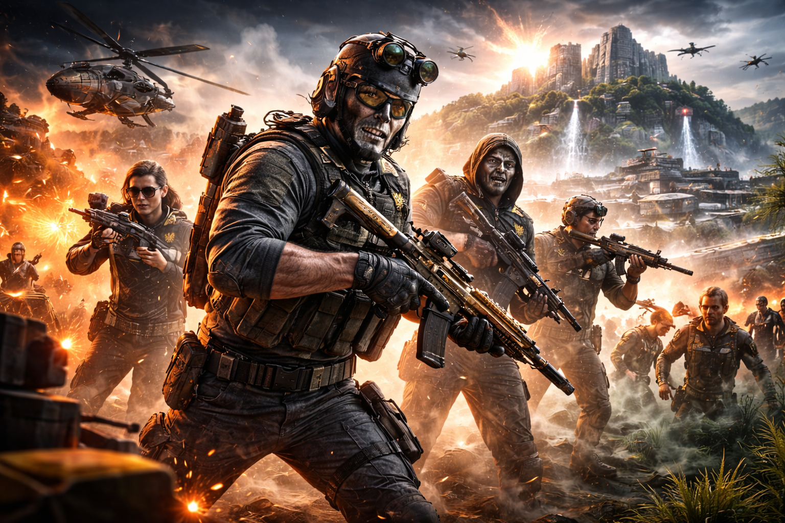 Operadores de Black Ops 7 y Warzone en combate durante la actualización Temporada 2 Reloaded, con acción y explosiones de fondo