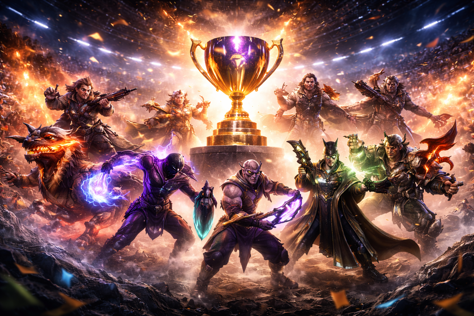 Arte de DreamLeague Season 28 de Dota 2 con héroes en combate y un trofeo al centro
