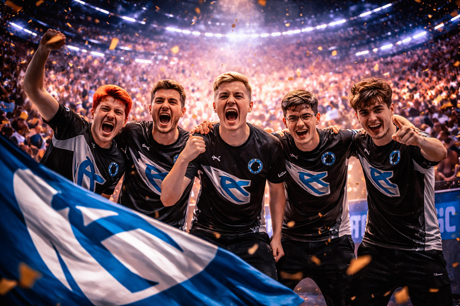 Jugadores de Karmine Corp celebrando con confeti tras vencer a Team Vitality y asegurar el último top 4 de LEC Versus