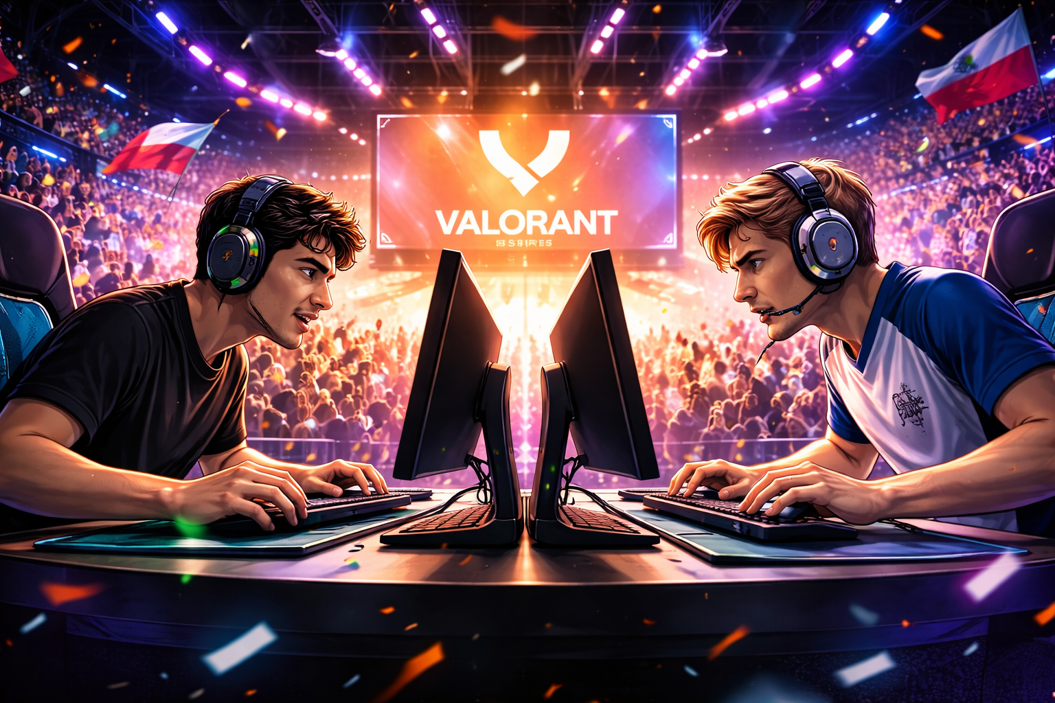 Duelo 1v1 en escenario de esports en Masters Santiago, con público y ambiente competitivo estilo VALORANT