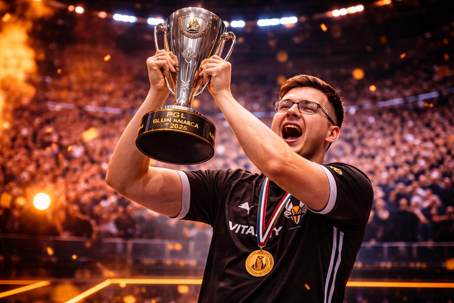 Mathieu “ZywOo” Herbaut celebrando con el trofeo del PGL Cluj-Napoca 2026 tras la victoria de Vitality sobre PARIVISION