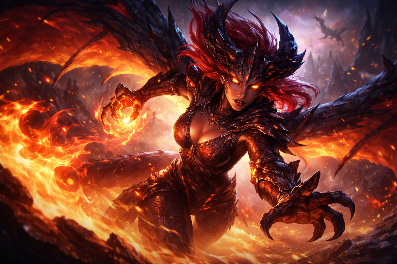 Shyvana desatada entre fuego y lava en una escena épica de League of Legends