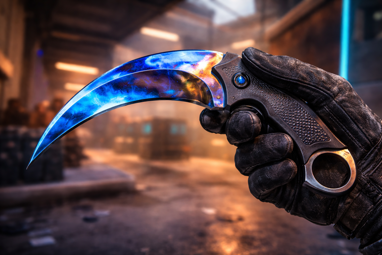 Karambit Case Hardened Blue Gem con hoja azul intensa en una escena de CS2