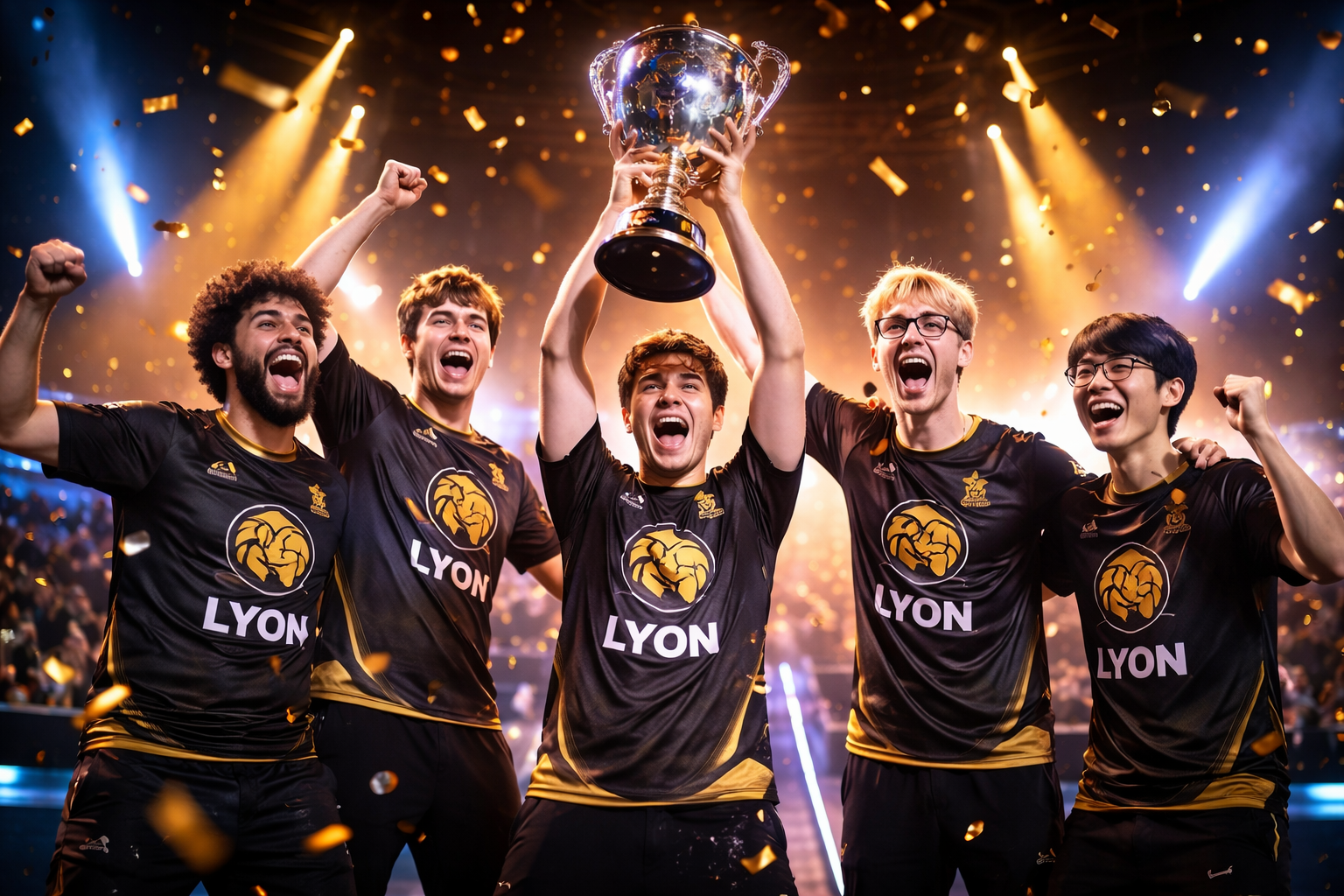 LYON celebrando el título del LCS Lock-In tras vencer a Cloud9 en una final épica