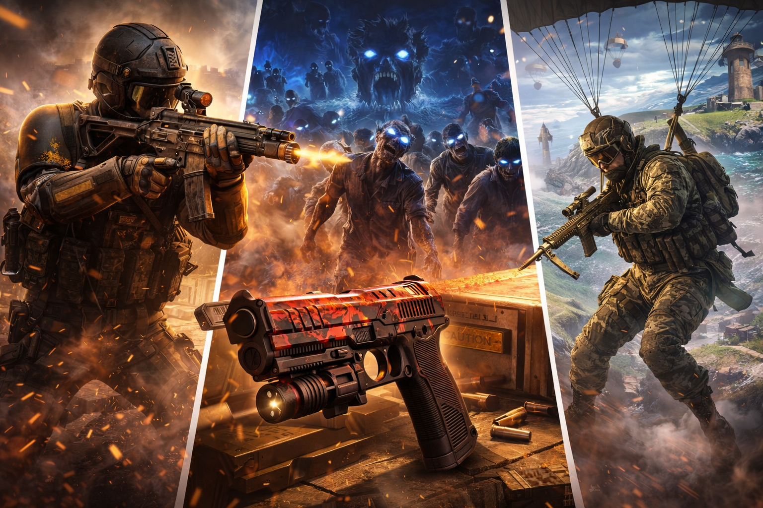 Escena de acción de BO7 y Warzone con combate, zombis y desafíos de la Semana 5