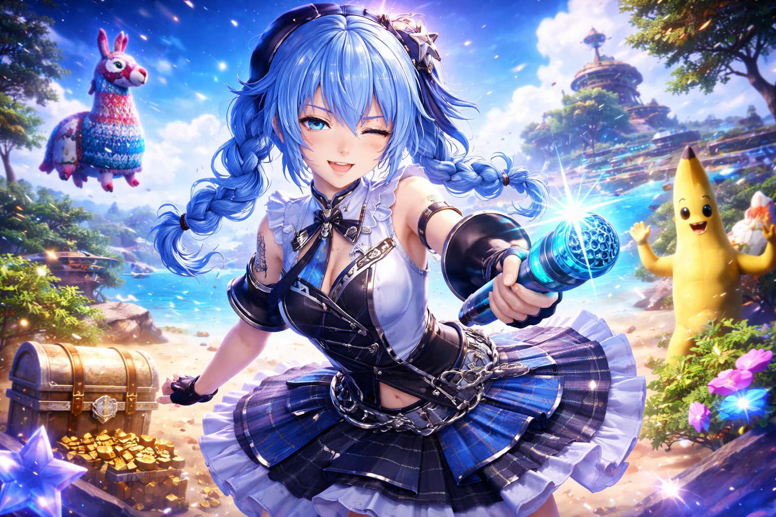 Hoshimachi Suisei en una escena brillante de Fortnite inspirada en su debut en la Icon Series