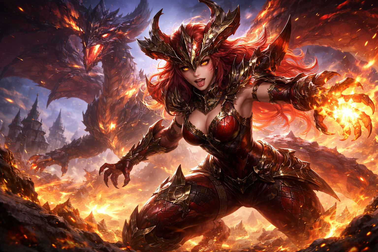 Shyvana desatada entre fuego y escamas en una escena épica de League of Legends