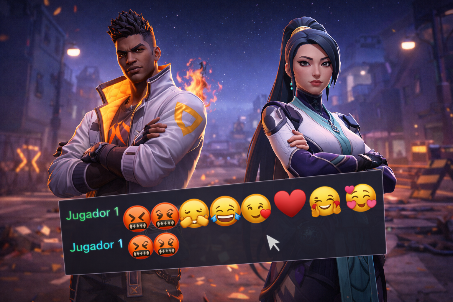Agentes de VALORANT en una escena nocturna que refleja el caos por los emojis en el chat