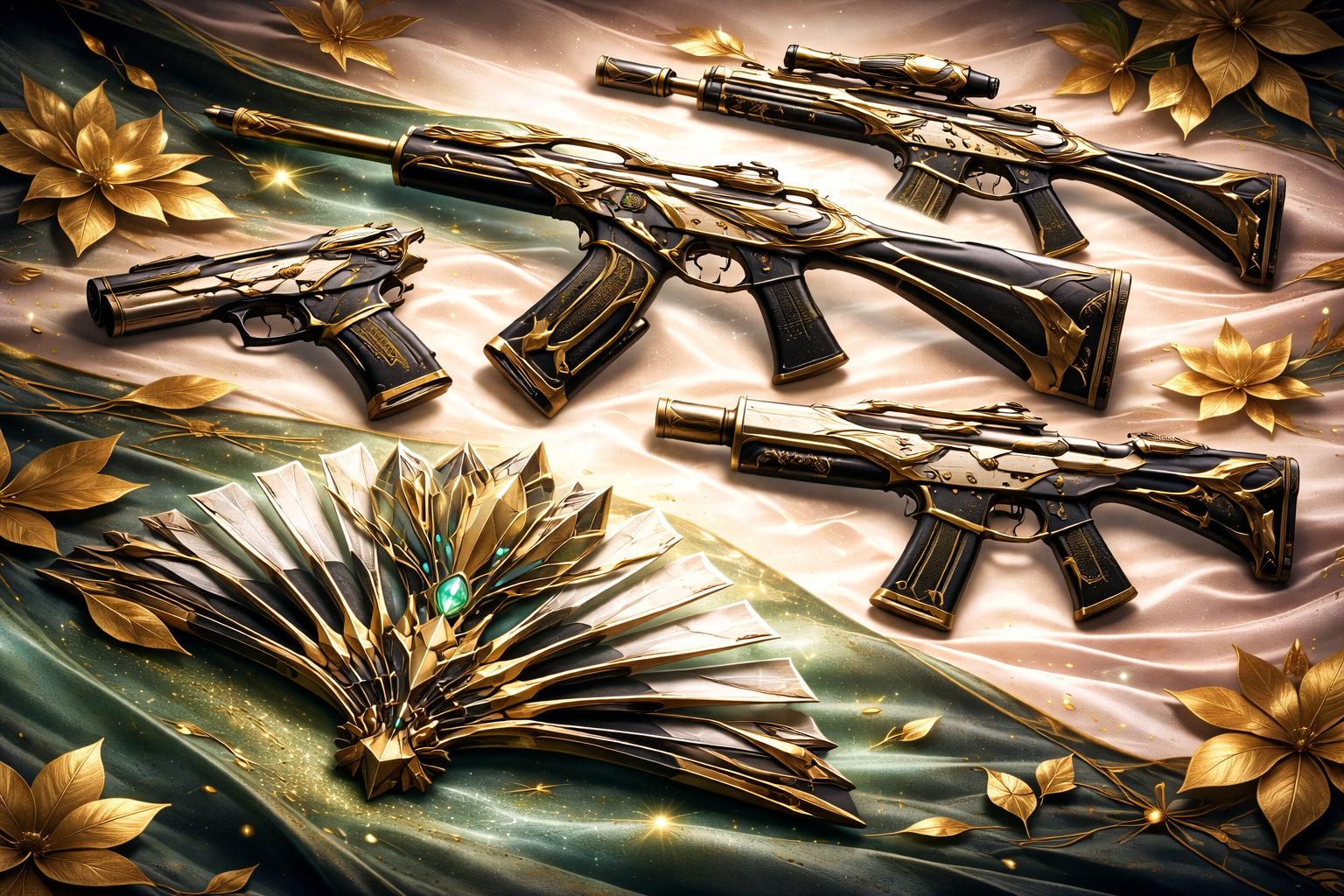 Colección SilkLeaf de VALORANT con armas y melee de estilo elegante en negro y dorado