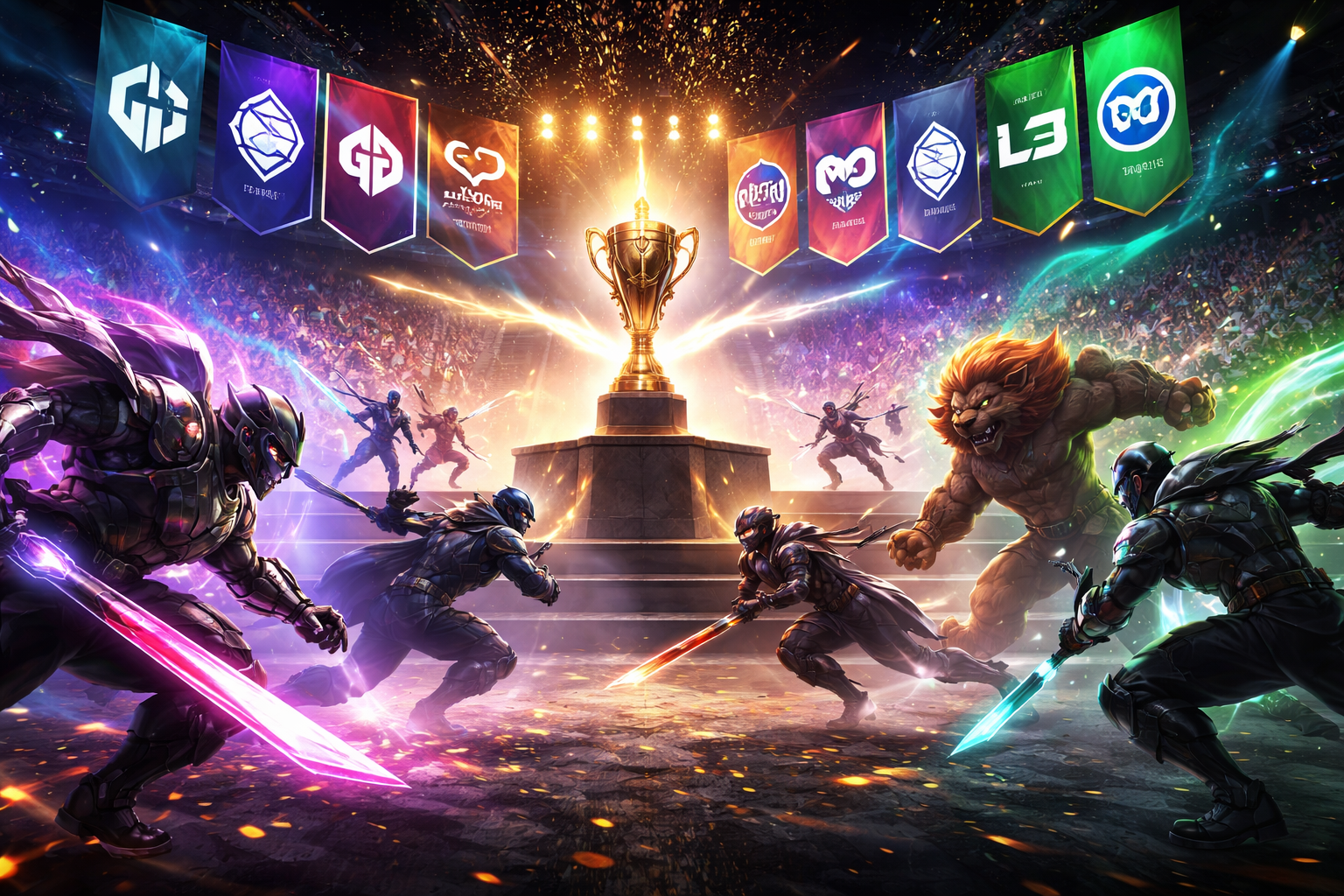 Escena épica del First Stand 2026 con equipos de League of Legends peleando por la gloria internacional