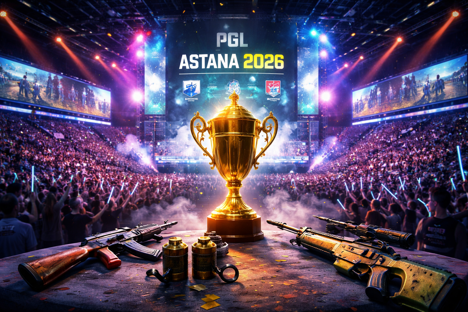 Arena llena durante un torneo de Counter-Strike 2 con ambiente competitivo y estética e-sports en Astana