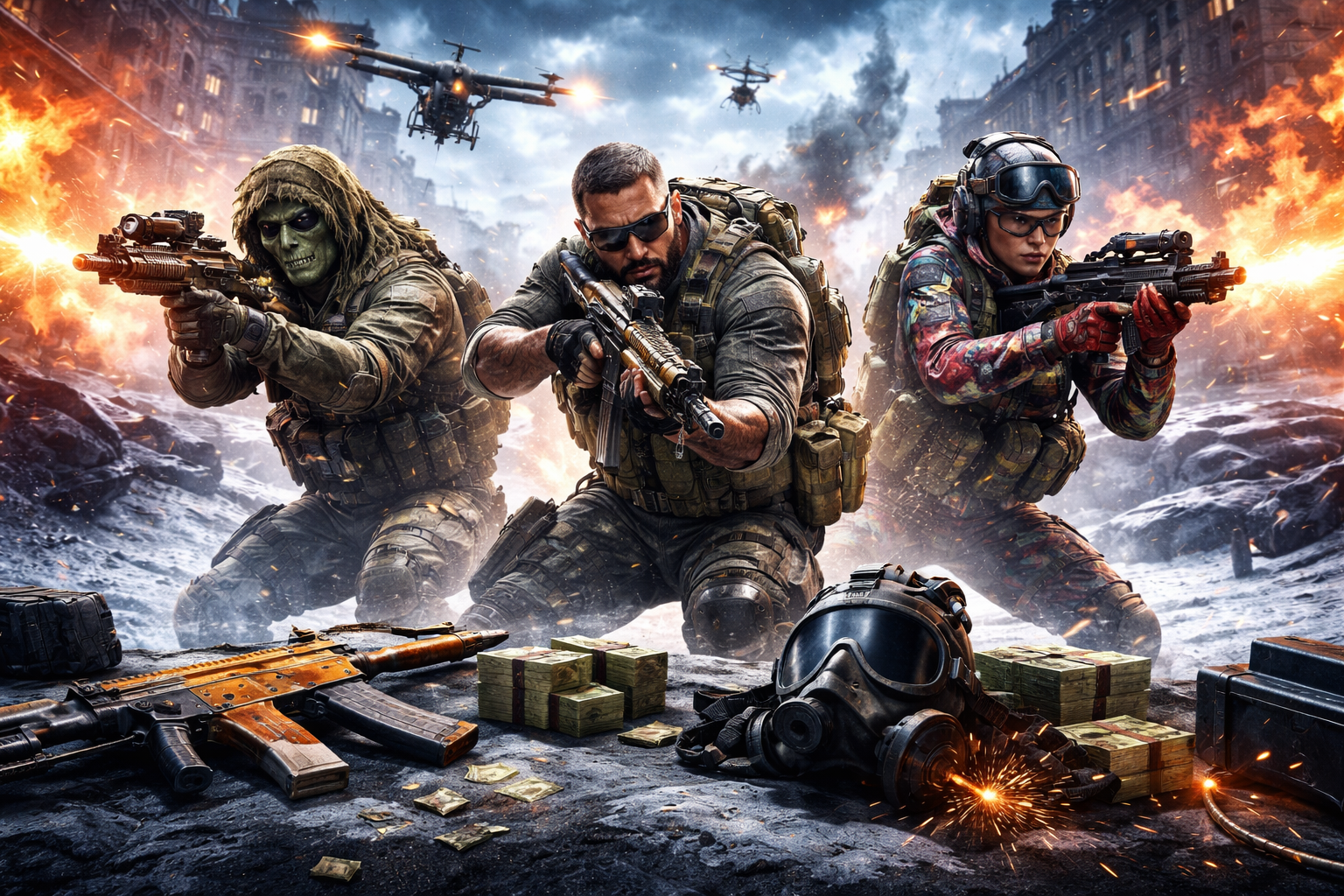 Operadores en combate en Warzone con ambiente de temporada recargada y escena intensa de battle royale