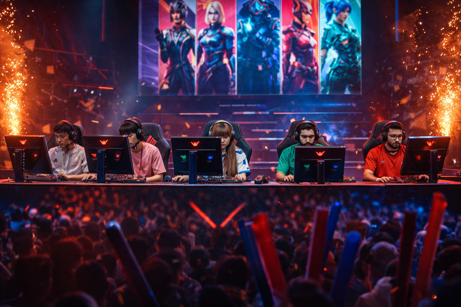 Jugadores compitiendo en un showmatch de VALORANT en Santiago con público, luces de escenario y ambiente e-sports