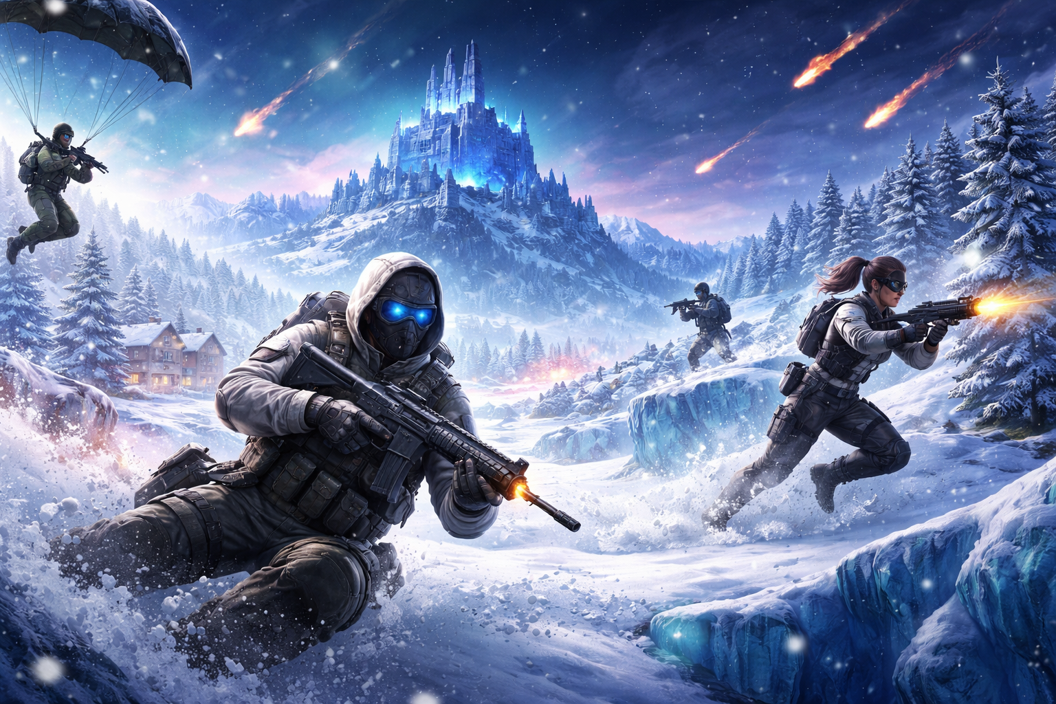 Escena de battle royale invernal con combate en la nieve, fortaleza helada y ambiente intenso de temporada