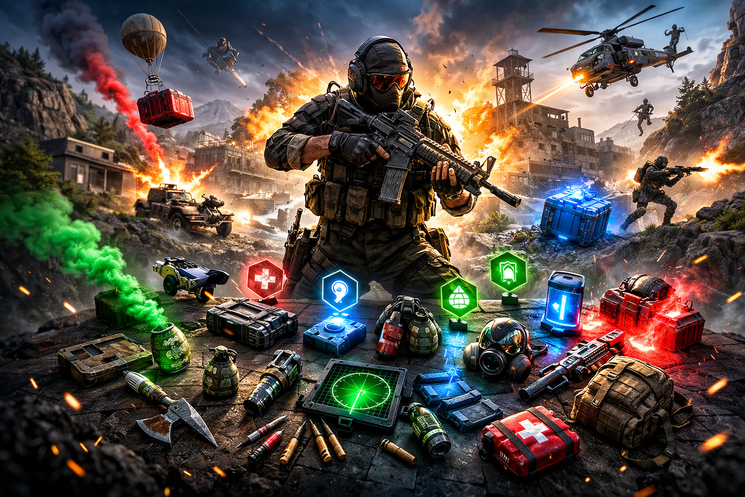 Escena táctica de battle royale con operadores armados, equipamiento avanzado y ambiente intenso de combate