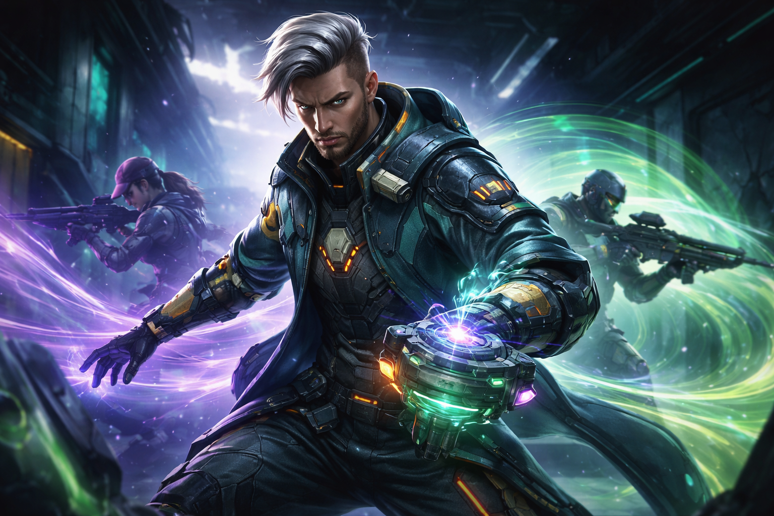 Agente de estilo futurista en una escena de VALORANT con ondas de energía, humo táctico y ambiente competitivo