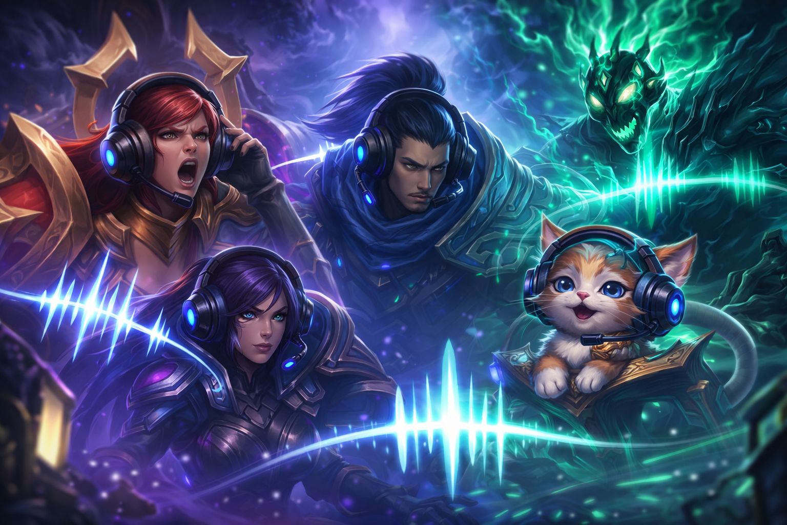 Equipo de fantasía en una escena inspirada en MOBA con headsets, coordinación por voz y ambiente competitivo