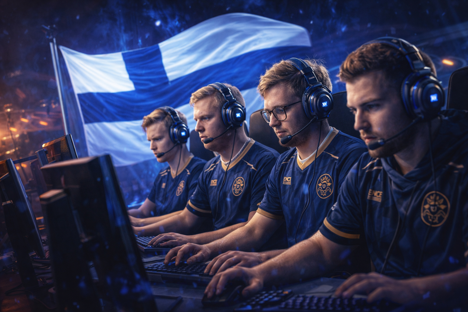 Equipo de CS2 compitiendo en escenario con ambiente frío, foco total y una vibra marcada de e-sports