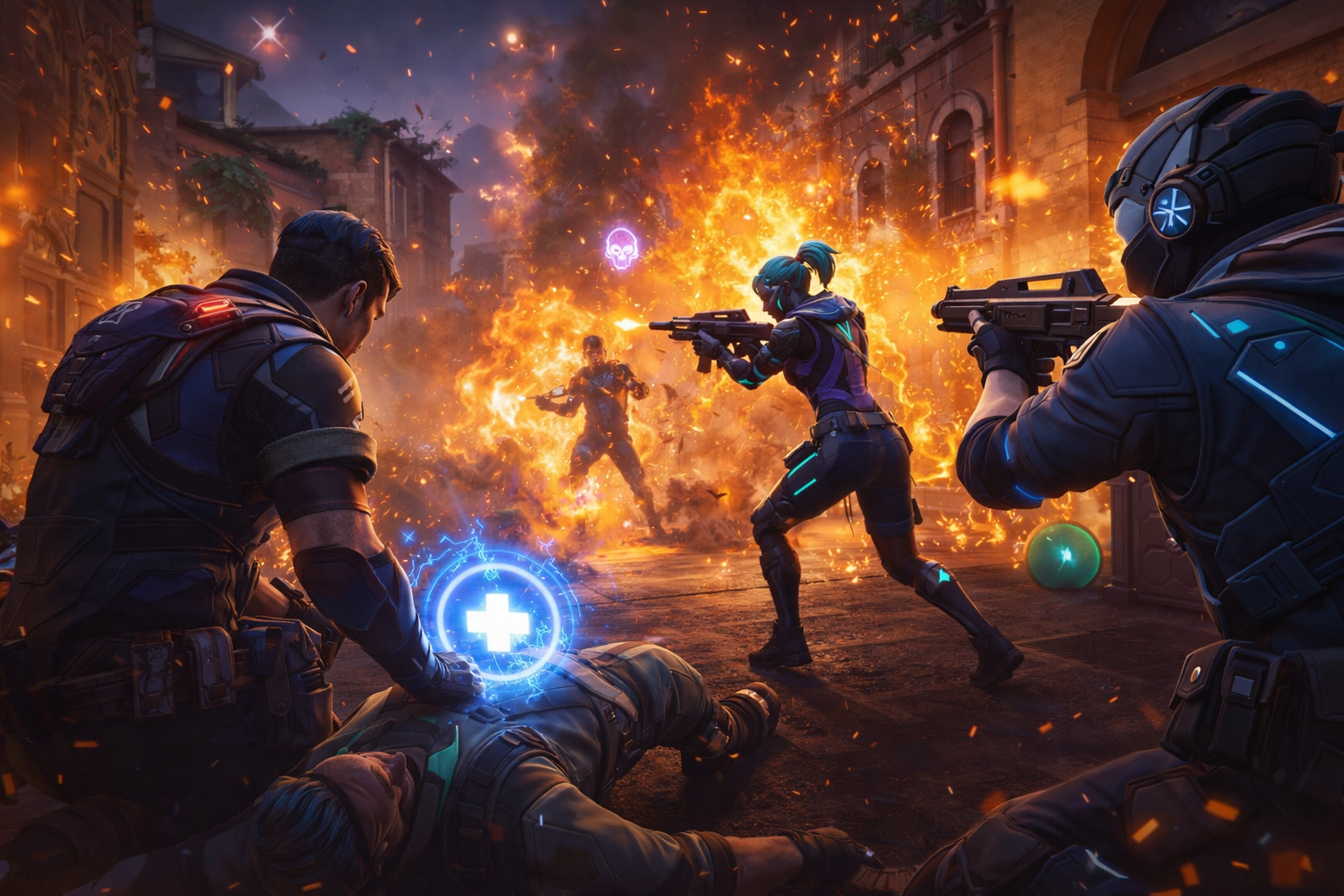 Jugadores peleando en un modo competitivo de VALORANT con reanimación, combate intenso y control de zona